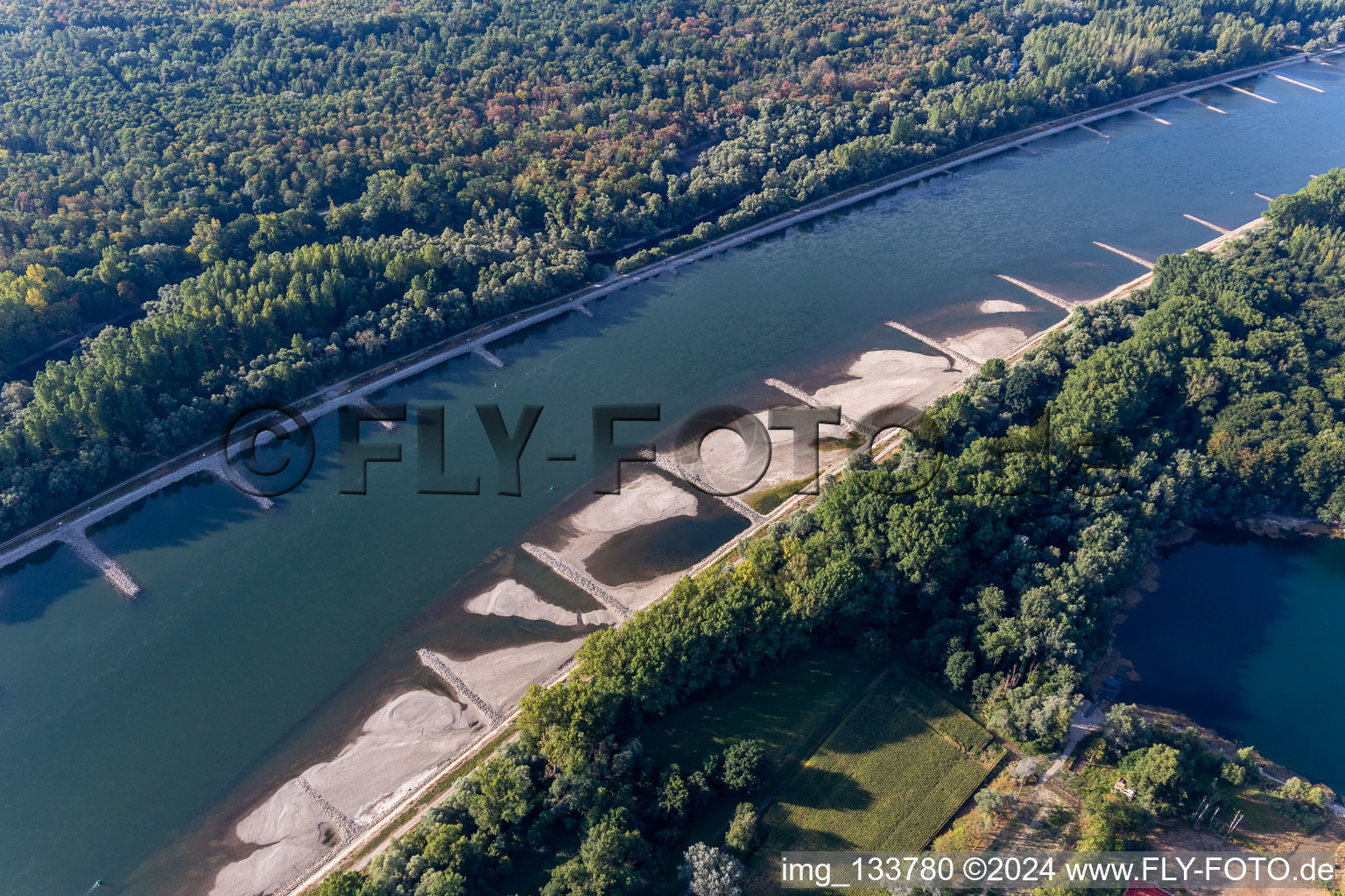 Aerial view of Dry groynes and sand banks in the Rhine due to low water in Hagenbach in the state Rhineland-Palatinate, Germany