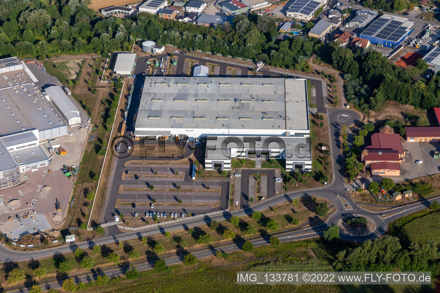 Aerial view of Faurecia Interior Systems GmbH in Hagenbach in the state Rhineland-Palatinate, Germany