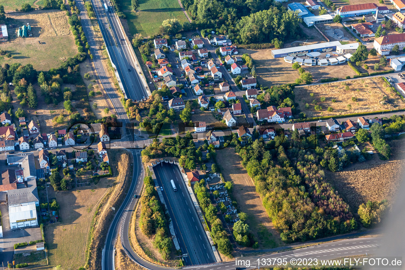 Aerial view of Underpass of the A65 at AS Landau Zentrum in the district Queichheim in Landau in der Pfalz in the state Rhineland-Palatinate, Germany