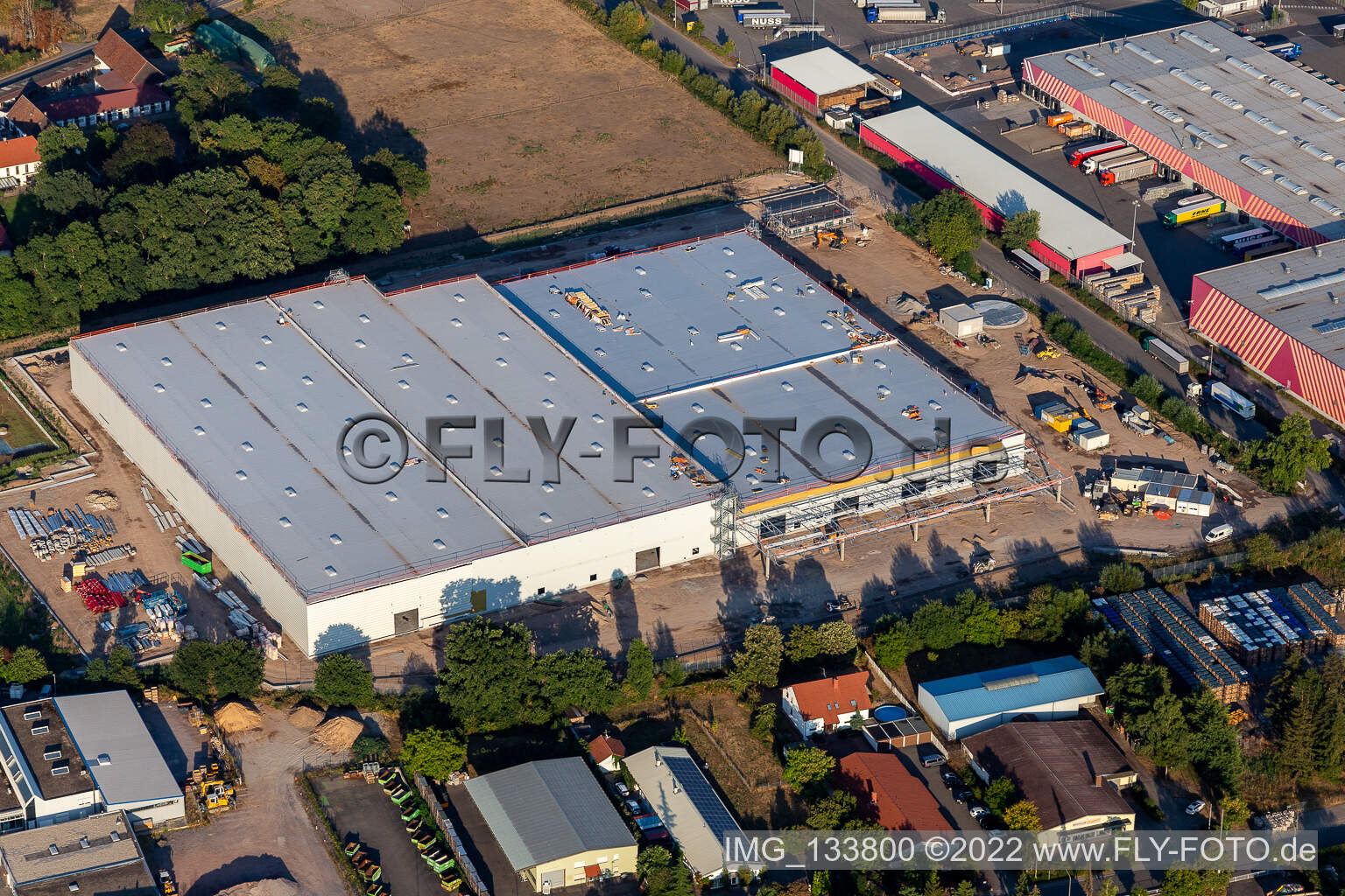 Aerial view of New building at the Hornbach logistics center Essingen in Essingen in the state Rhineland-Palatinate, Germany