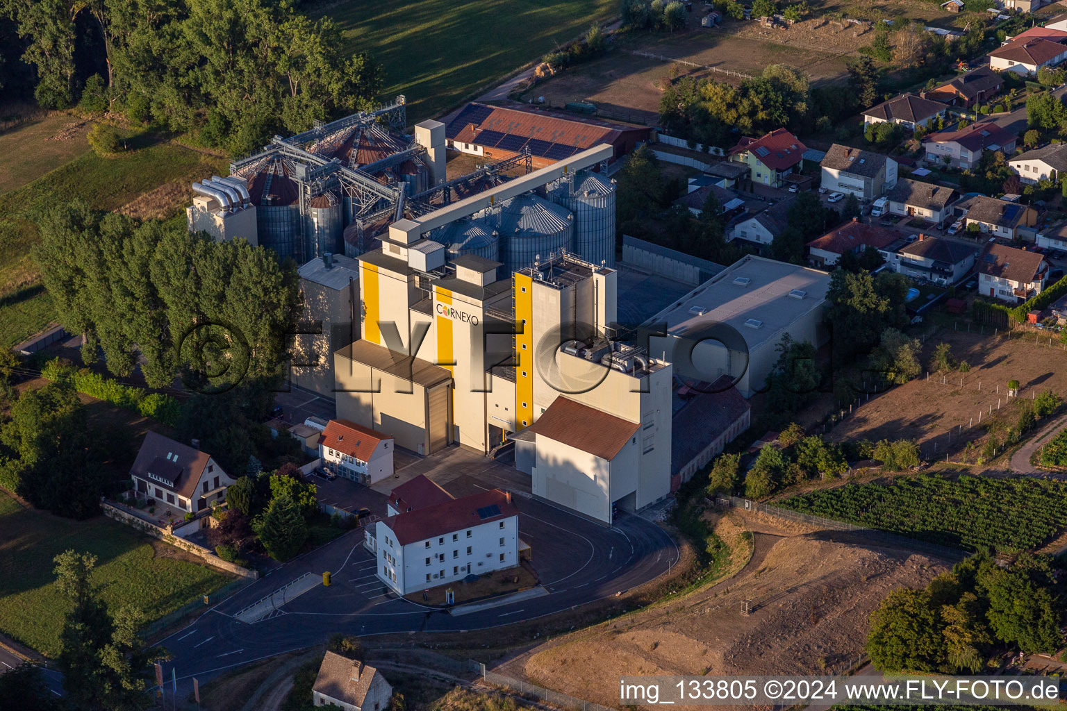 Aerial photograpy of Grain mill of Cornexo GmbH in Freimersheim in the state Rhineland-Palatinate, Germany