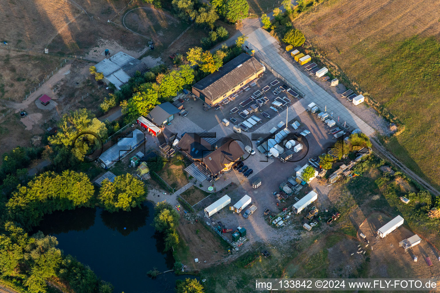 Aerial view of Lischer Fahrzeugbau eK owner Elena Winter in Gommersheim in the state Rhineland-Palatinate, Germany