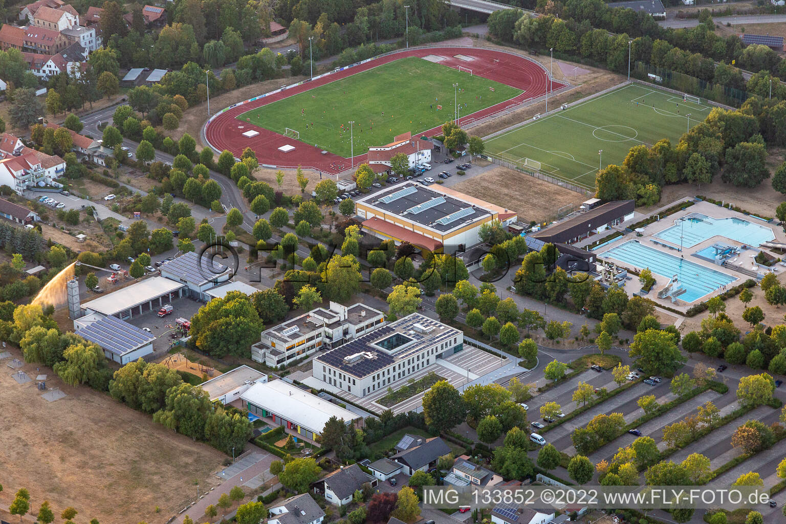 Queichtal Stadium, Queichtalhalle, Queichtalbad in Offenbach an der Queich in the state Rhineland-Palatinate, Germany