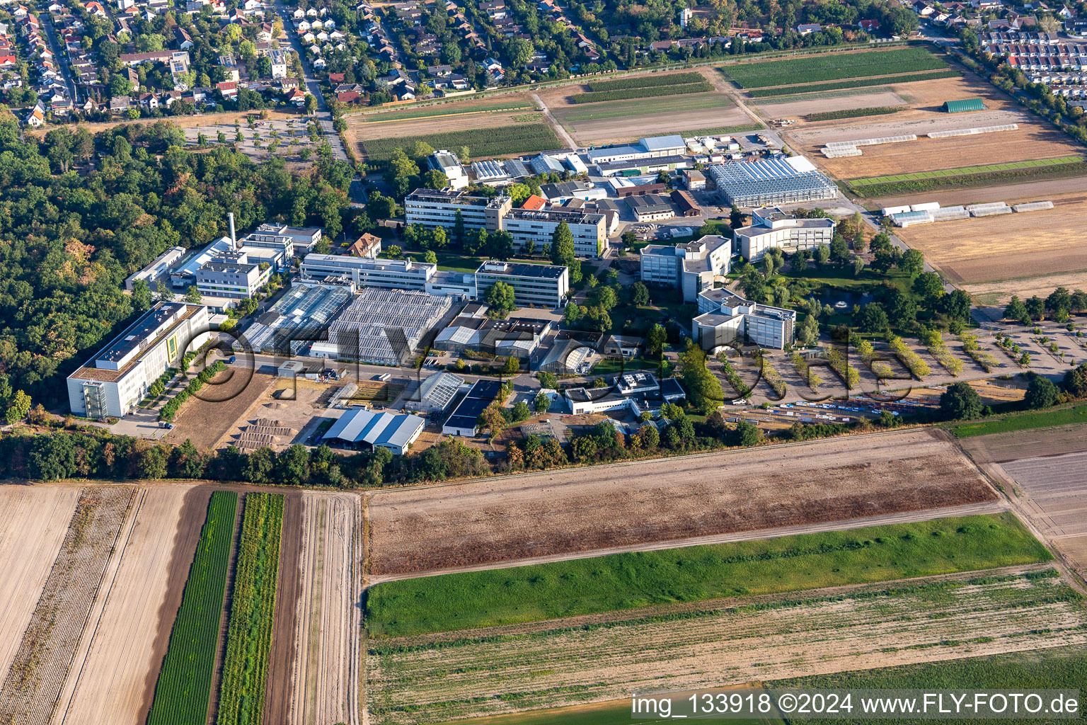 Aerial view of BASF Agricultural Center in Limburgerhof in the state Rhineland-Palatinate, Germany