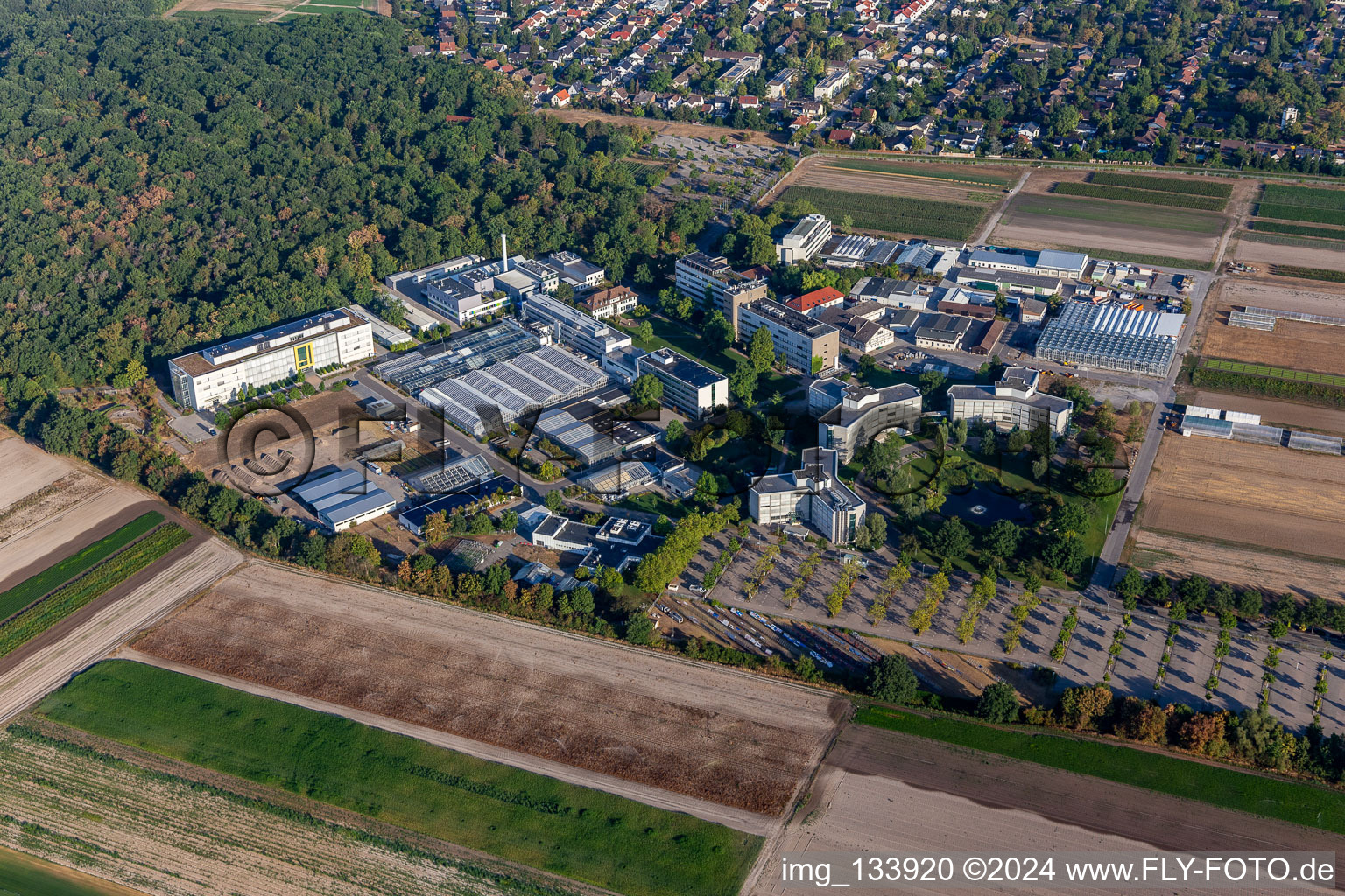 Oblique view of BASF Agricultural Center in Limburgerhof in the state Rhineland-Palatinate, Germany