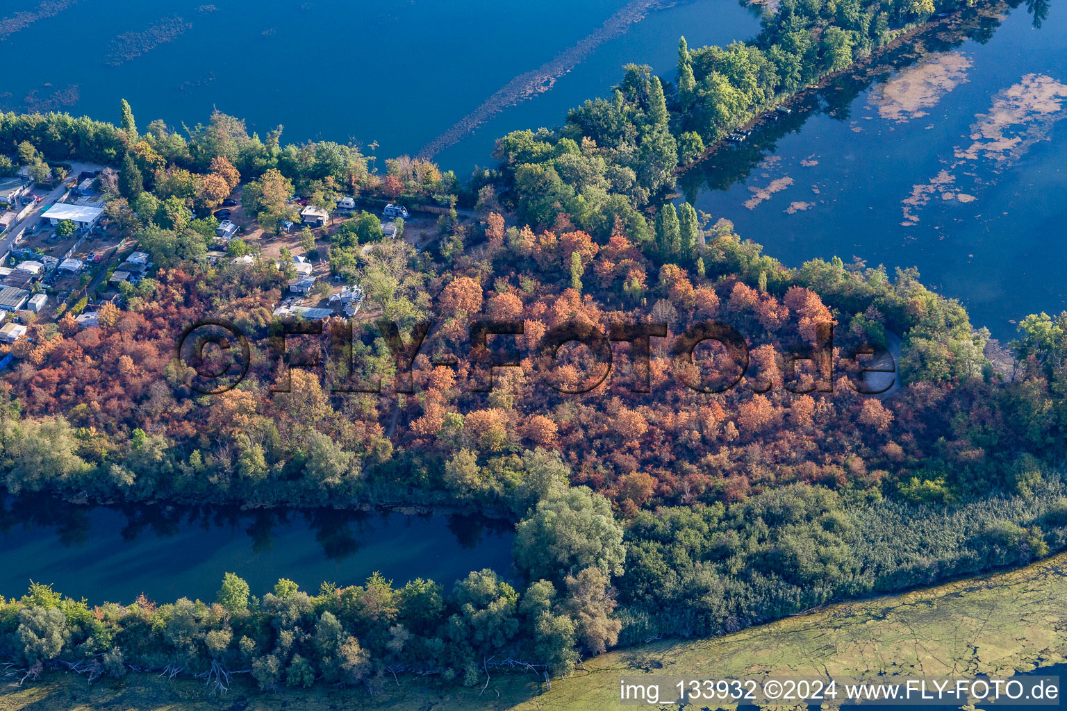 Aerial view of Blue Adriatic recreation area in Altrip in the state Rhineland-Palatinate, Germany