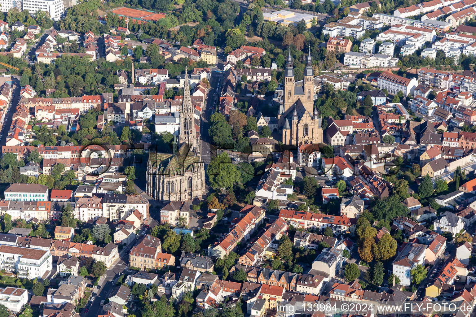 Aerial photograpy of Memorial Church of the Protestation and St. Joseph in Speyer in the state Rhineland-Palatinate, Germany