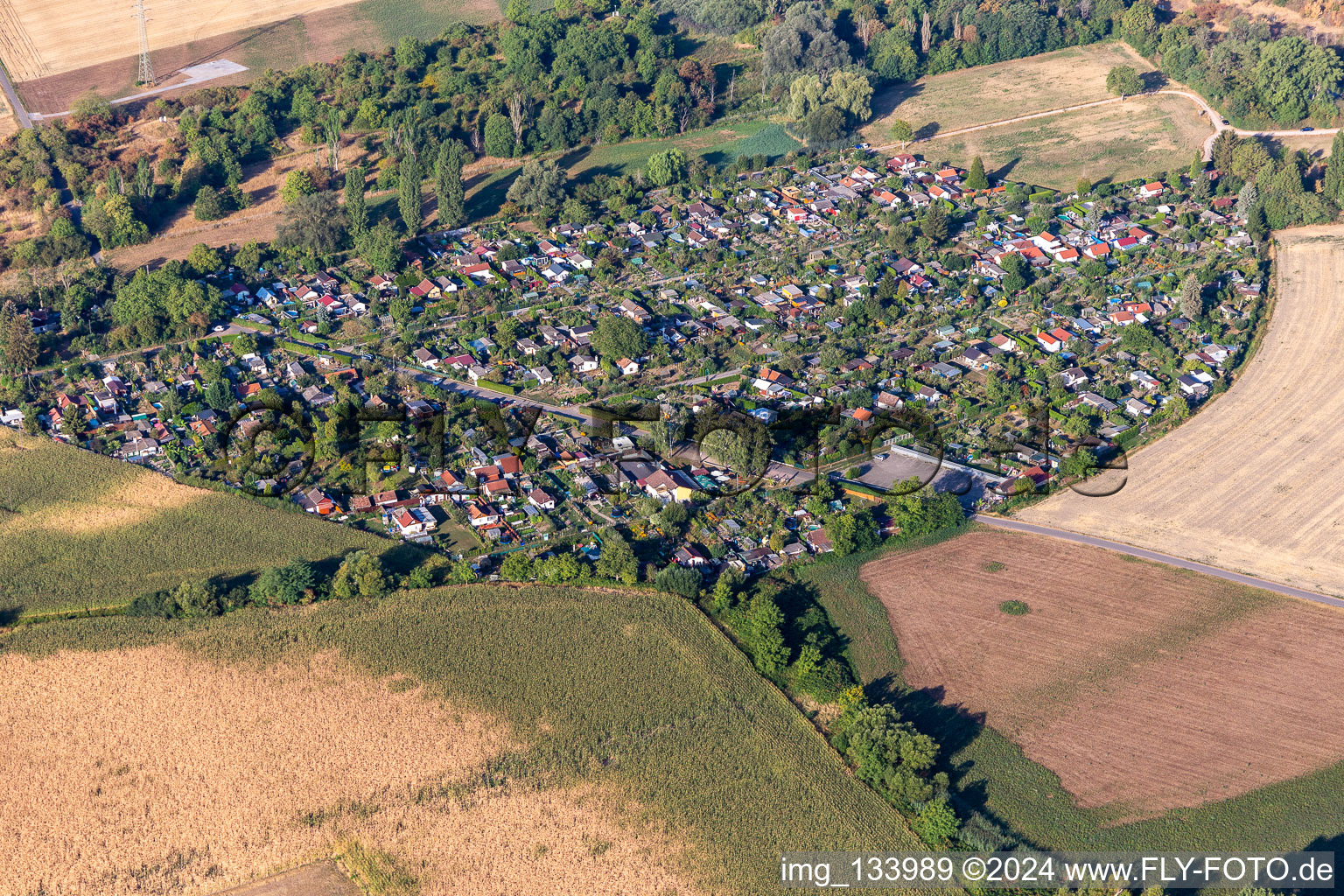 Aerial view of Allotment gardeners bullet trap in Speyer in the state Rhineland-Palatinate, Germany