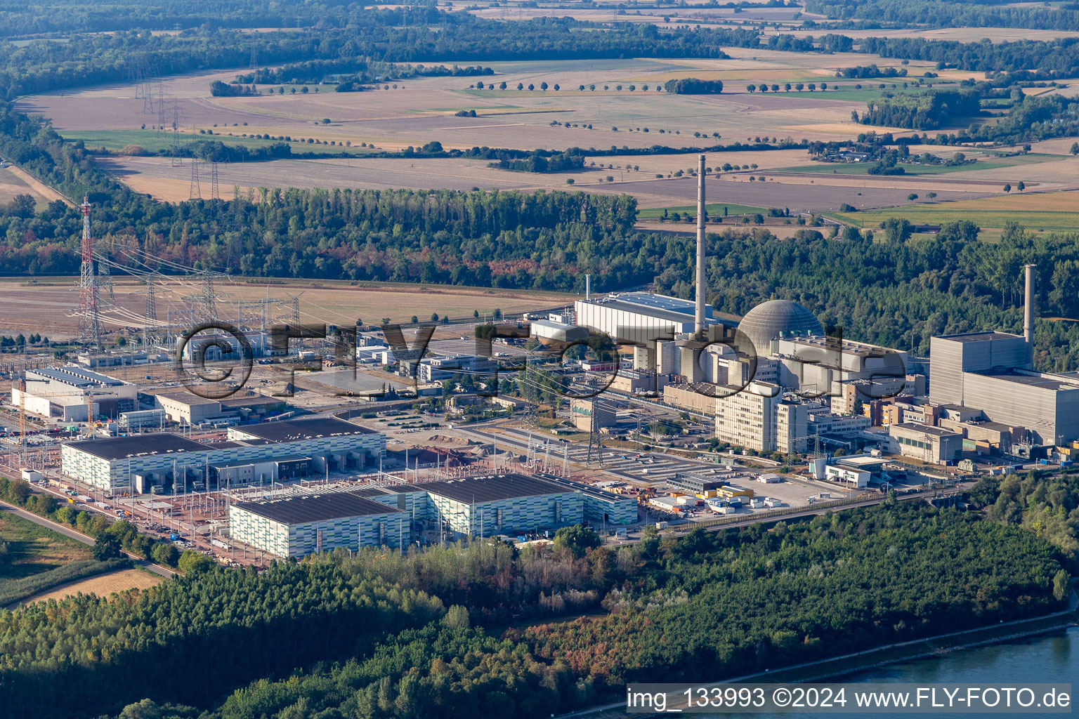 Aerial view of TransnetBW GmbH, direct current substation on the site of the decommissioned nuclear power plant Philippsburg in Philippsburg in the state Baden-Wuerttemberg, Germany