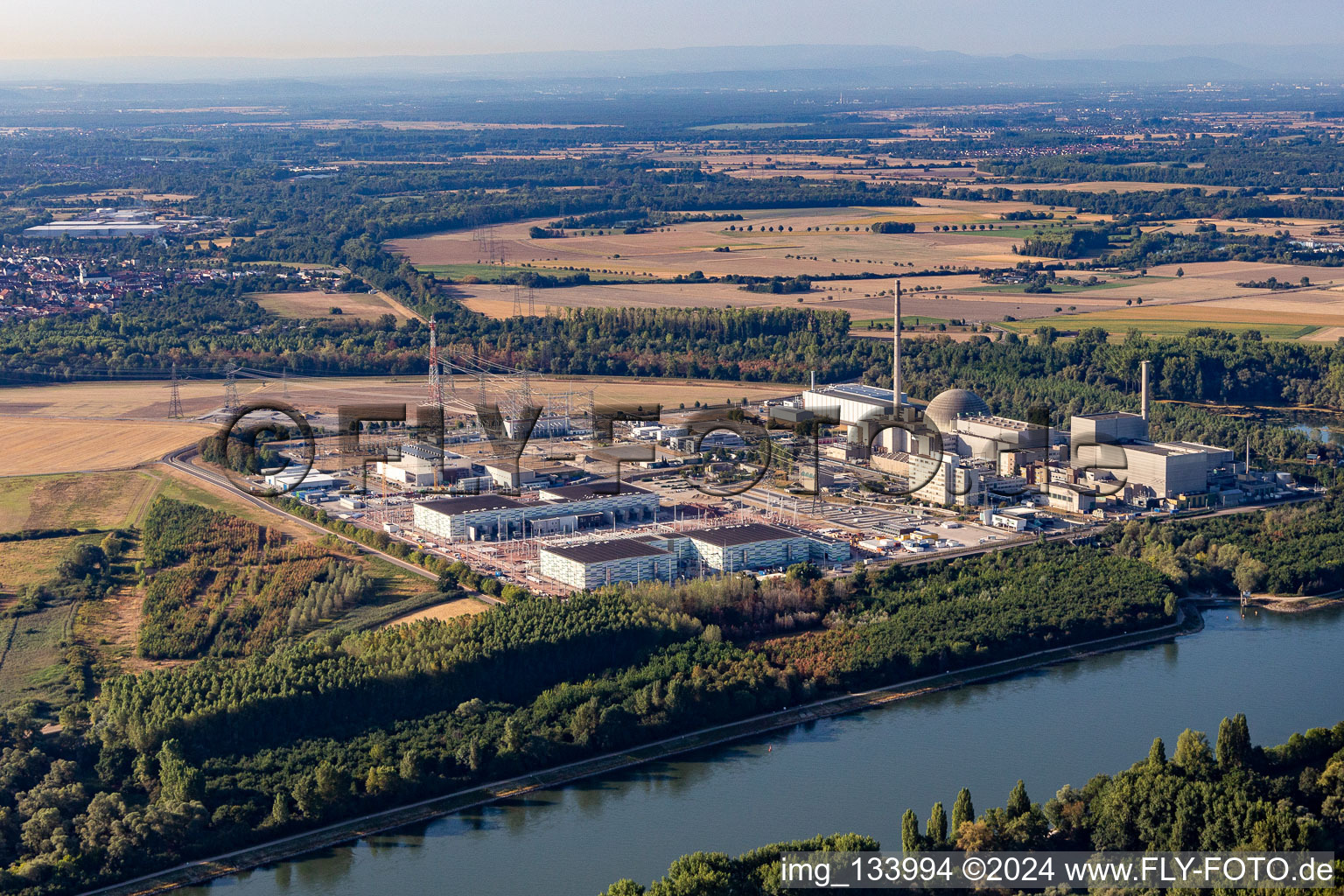 Aerial photograpy of TransnetBW GmbH, direct current substation on the site of the decommissioned nuclear power plant Philippsburg in Philippsburg in the state Baden-Wuerttemberg, Germany