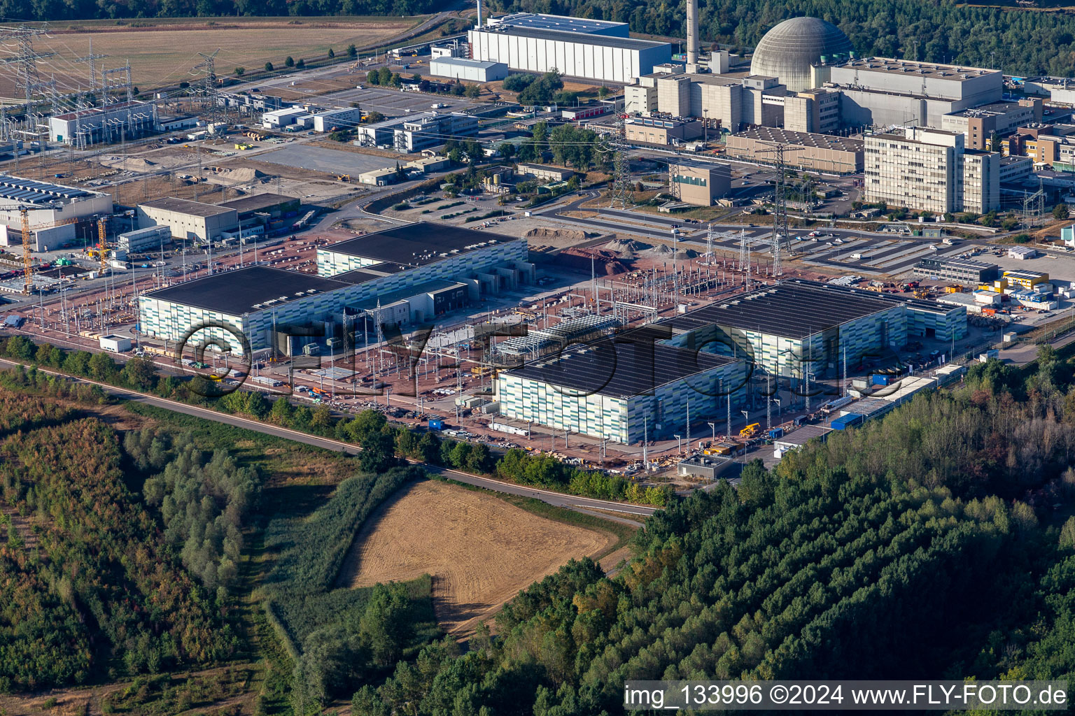 TransnetBW GmbH, direct current substation on the site of the decommissioned nuclear power plant Philippsburg in Philippsburg in the state Baden-Wuerttemberg, Germany from above