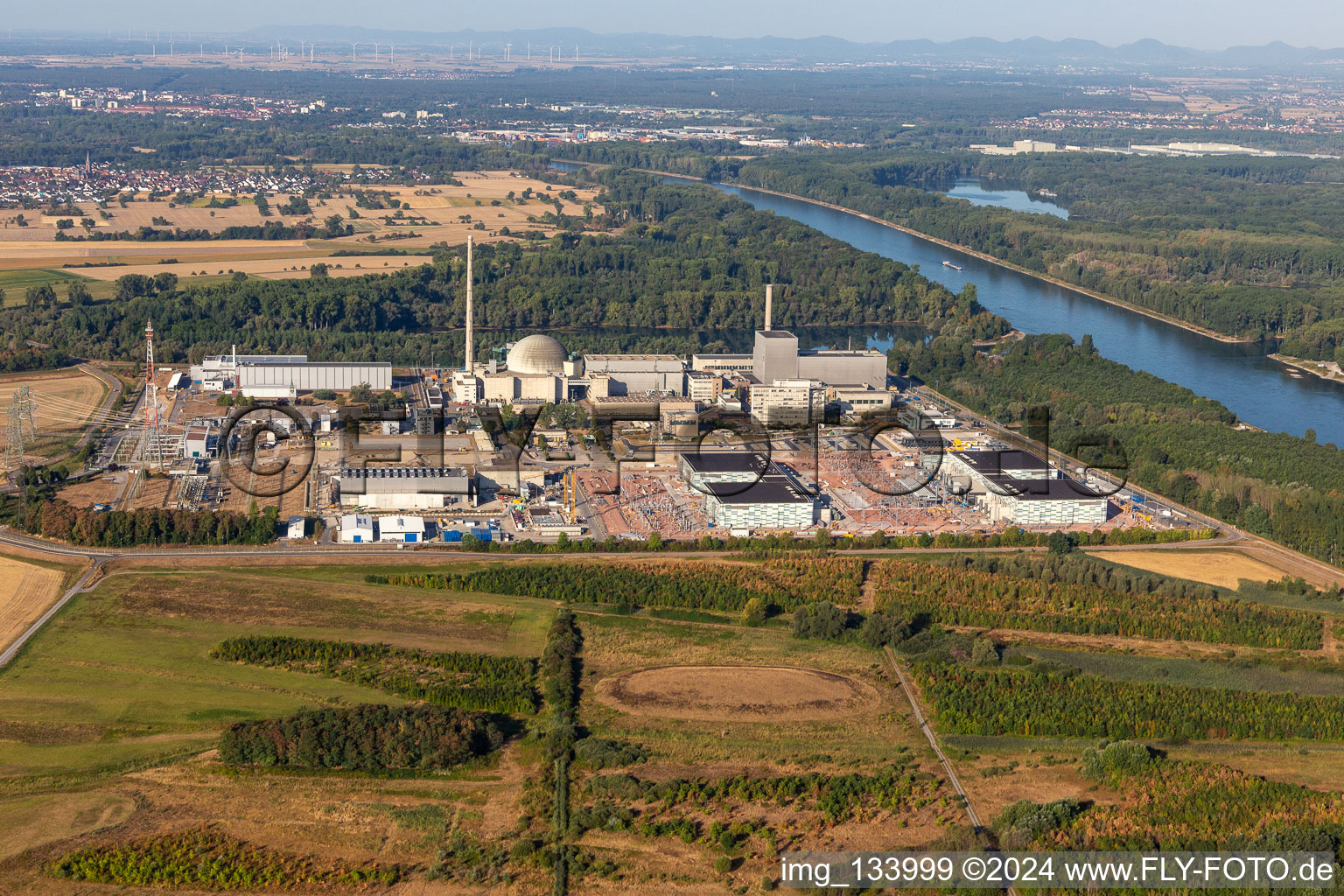 TransnetBW GmbH, direct current substation on the site of the decommissioned nuclear power plant Philippsburg in Philippsburg in the state Baden-Wuerttemberg, Germany seen from above