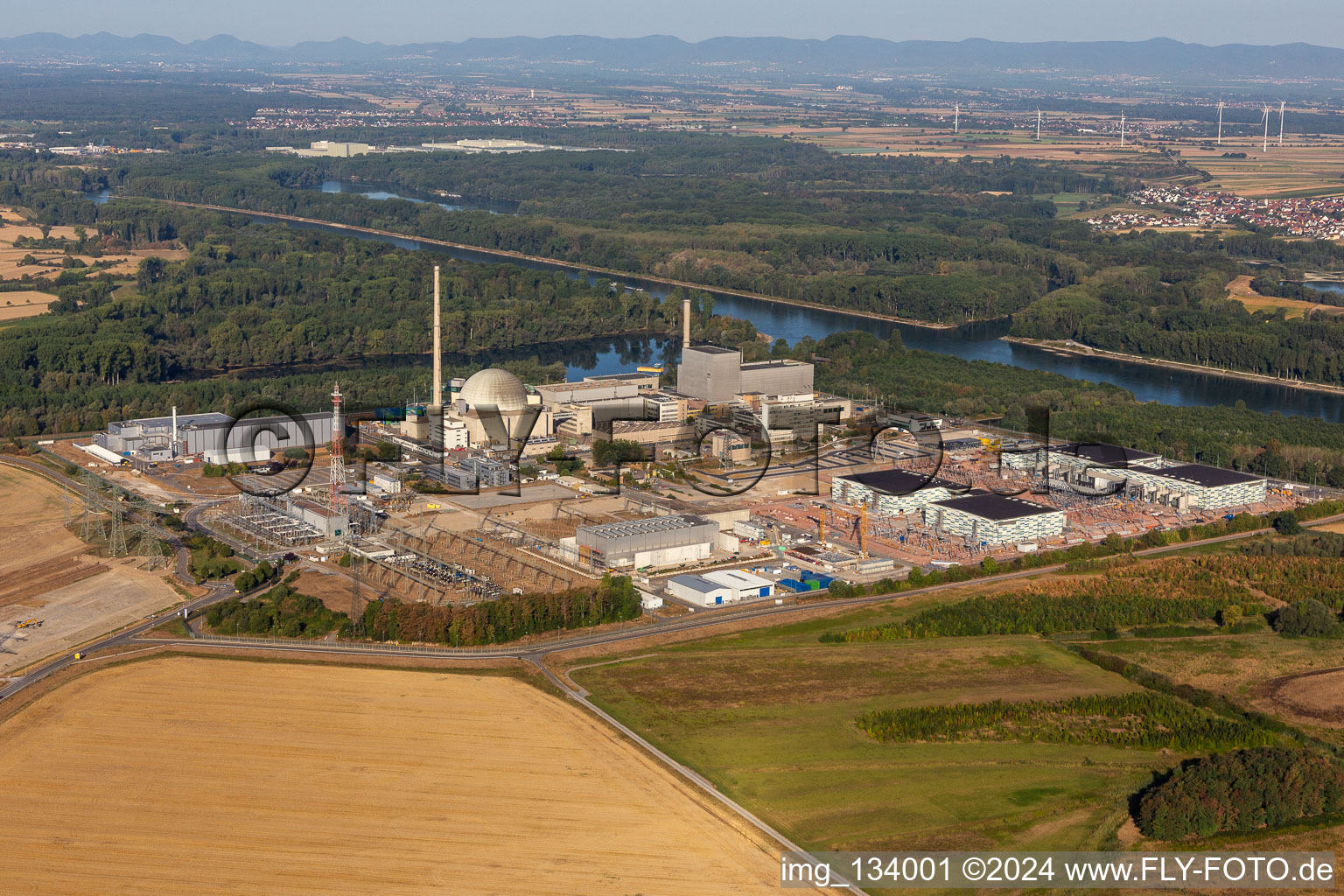 TransnetBW GmbH, direct current substation on the site of the decommissioned nuclear power plant Philippsburg in Philippsburg in the state Baden-Wuerttemberg, Germany from the plane