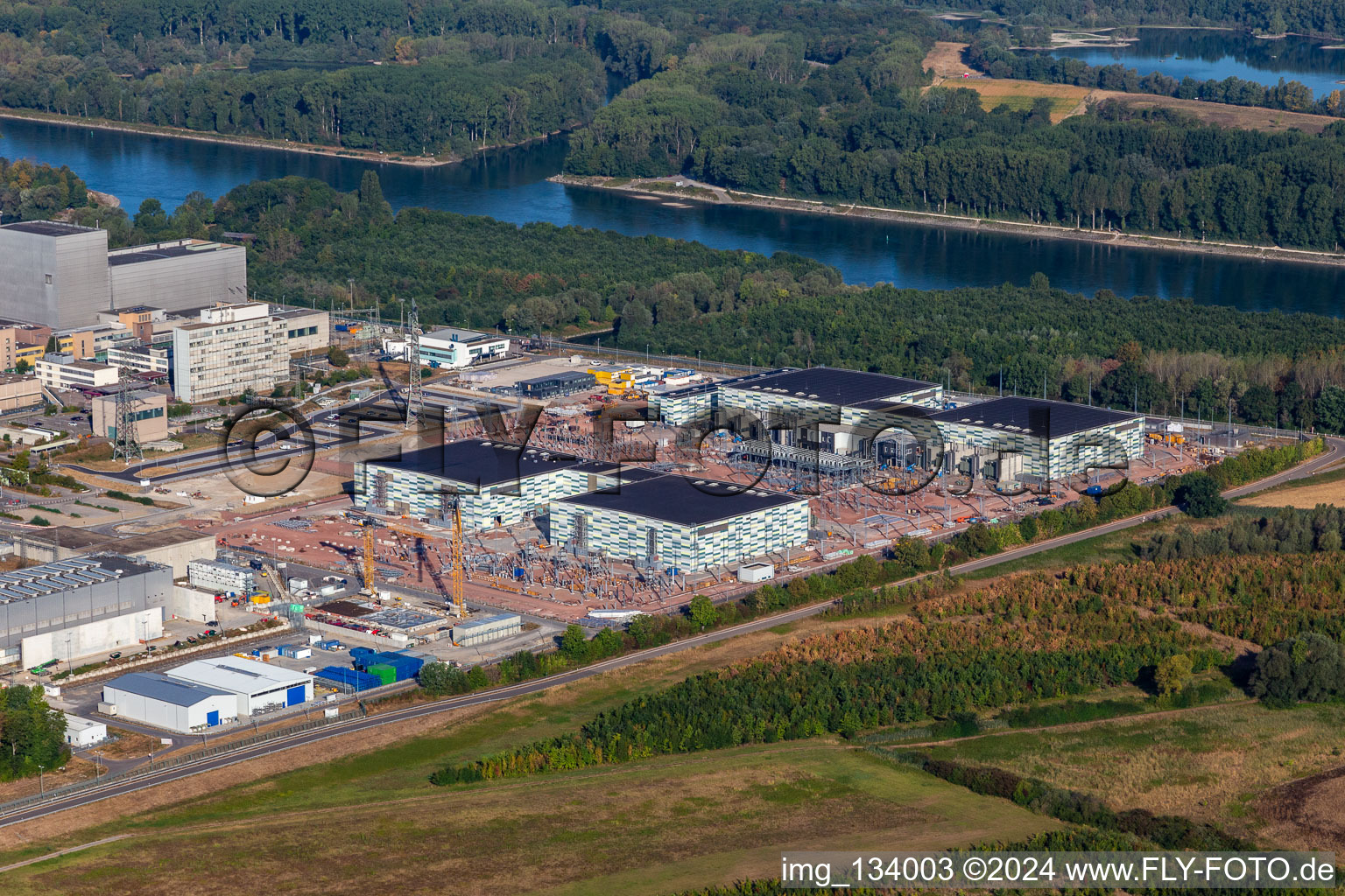 Bird's eye view of TransnetBW GmbH, direct current substation on the site of the decommissioned nuclear power plant Philippsburg in Philippsburg in the state Baden-Wuerttemberg, Germany