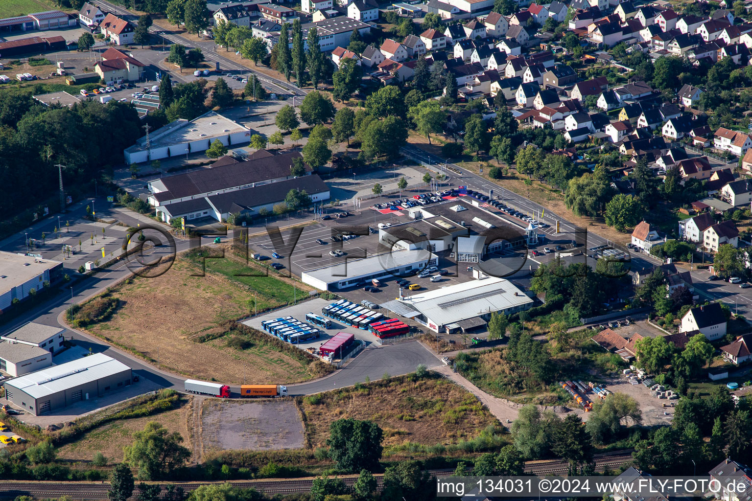 Aerial view of Lauterburger Strasse commercial area in Kandel in the state Rhineland-Palatinate, Germany