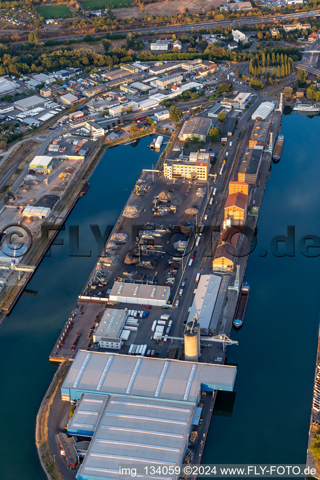 Aerial view of Rhine port Mühlburg in the district Mühlburg in Karlsruhe in the state Baden-Wuerttemberg, Germany