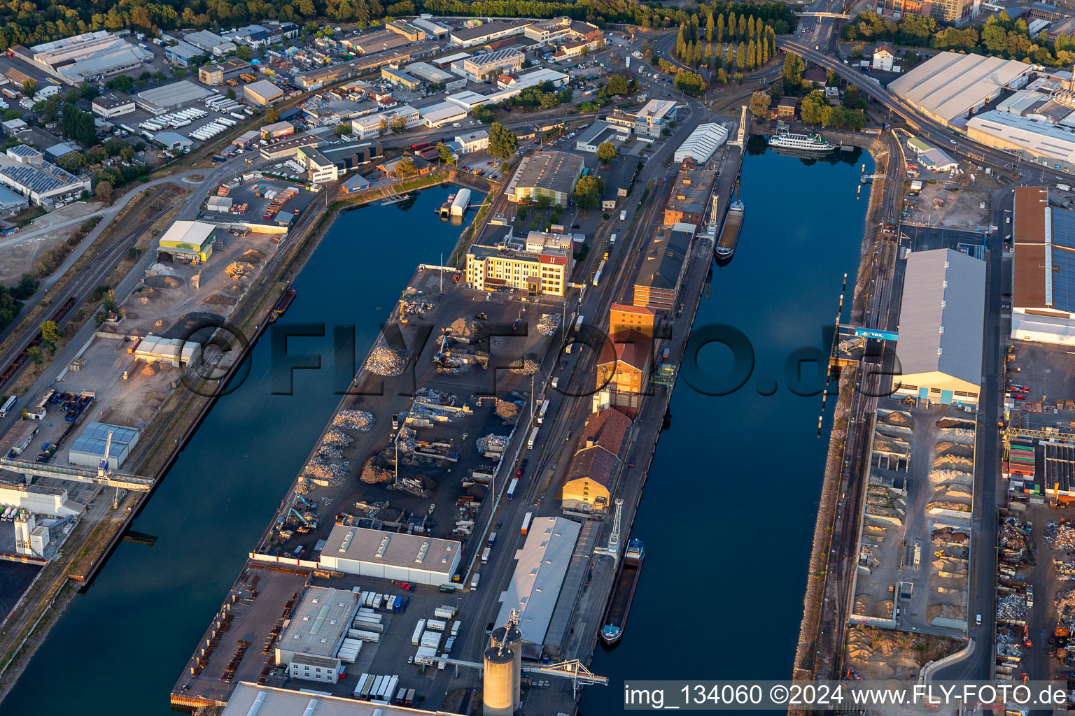 Aerial photograpy of Rhine port Mühlburg in the district Mühlburg in Karlsruhe in the state Baden-Wuerttemberg, Germany