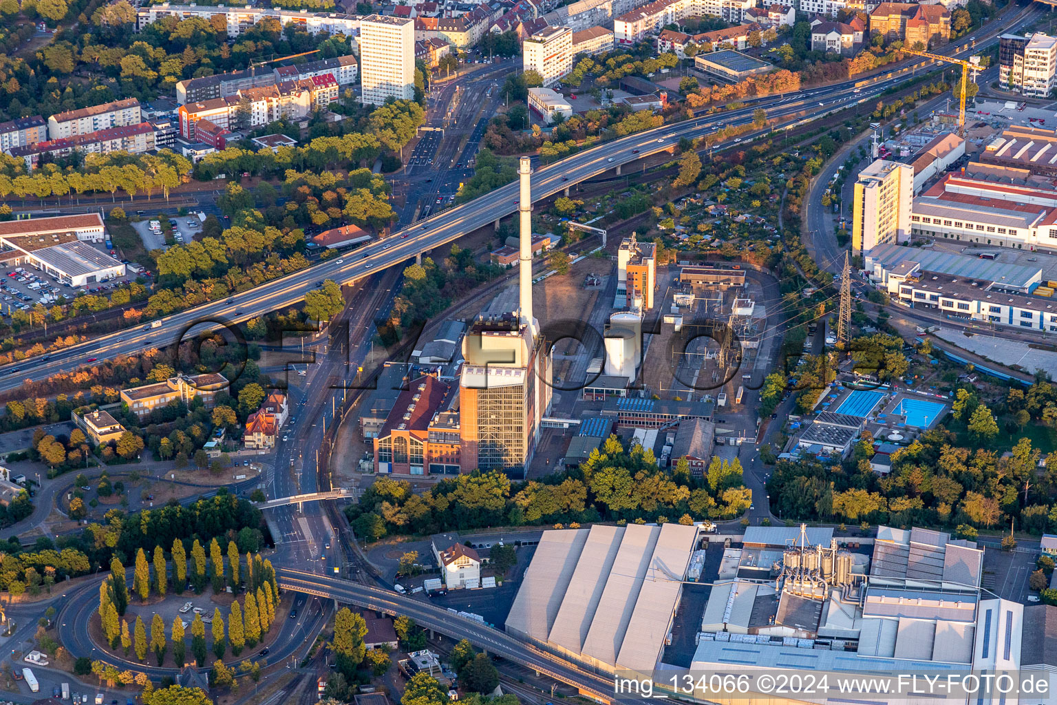 Aerial view of West Combined Heat and Power Plant in the district Mühlburg in Karlsruhe in the state Baden-Wuerttemberg, Germany