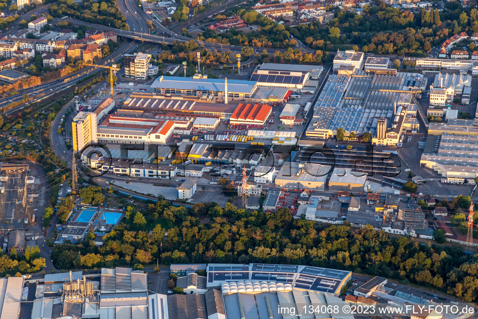 Aerial view of Michelin Reifenwerke AG & Co. KgaA in the district Grünwinkel in Karlsruhe in the state Baden-Wuerttemberg, Germany