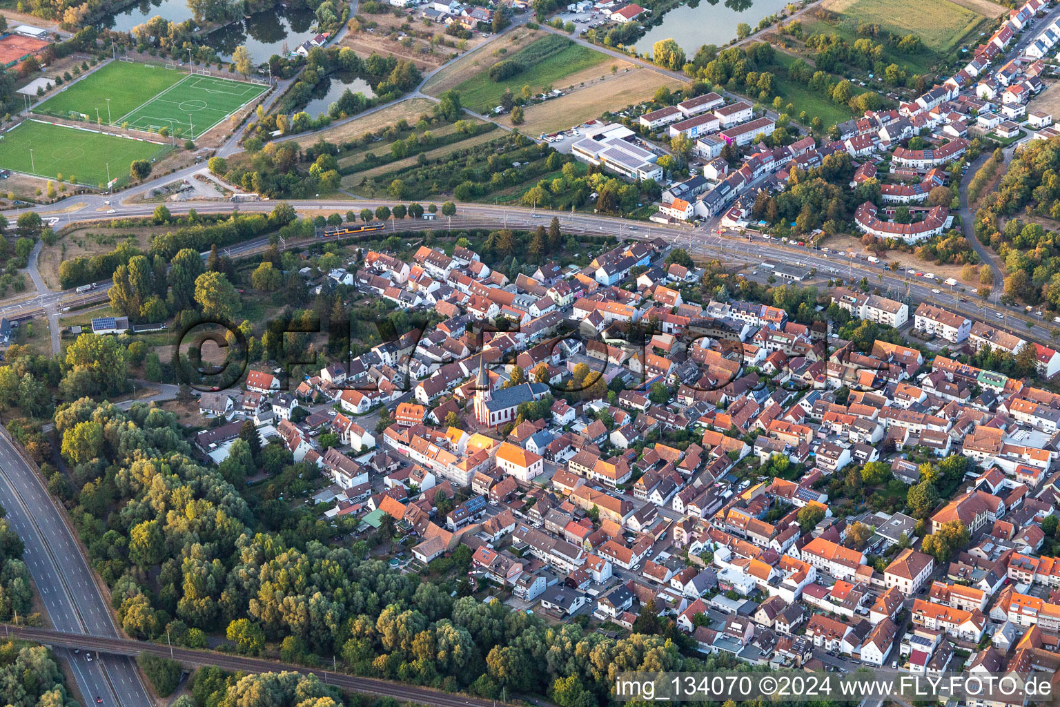 Oblique view of District Knielingen in Karlsruhe in the state Baden-Wuerttemberg, Germany