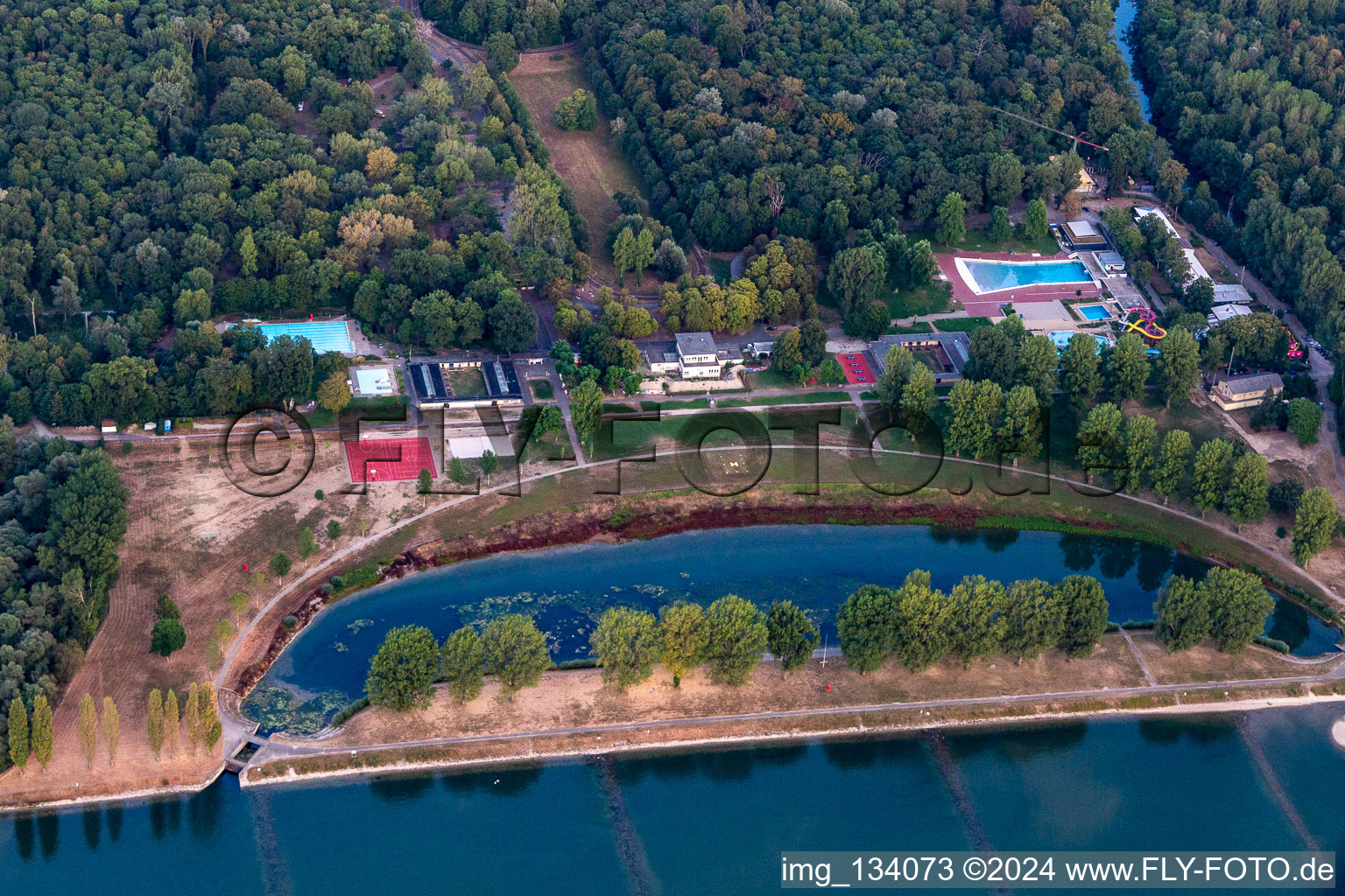 Rhine beach Rappenwört in the district Daxlanden in Karlsruhe in the state Baden-Wuerttemberg, Germany seen from above