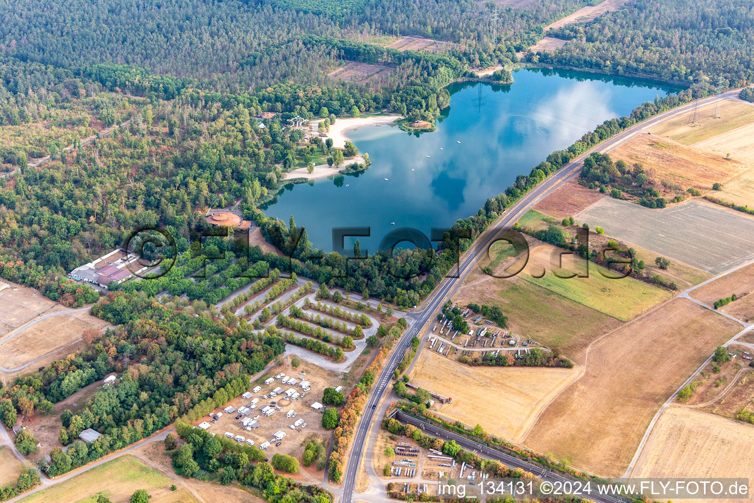 Aerial view of Heidesee Leisure Park in Forst in the state Baden-Wuerttemberg, Germany