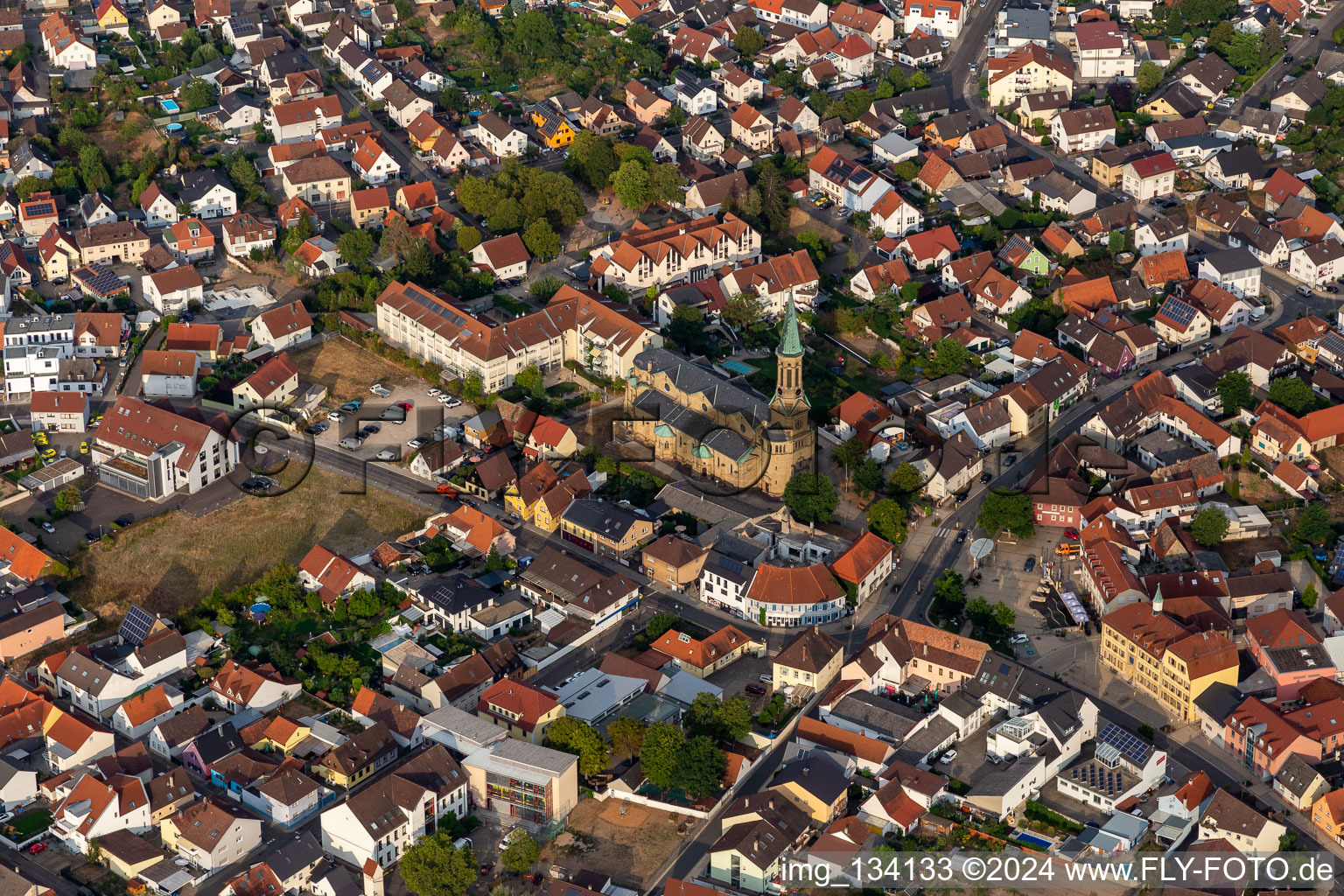 Aerial view of Catholic Parish Church of St. Barbara in Forst in the state Baden-Wuerttemberg, Germany