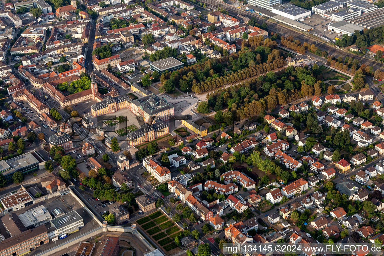 Aerial photograpy of Castle garden and castle Bruchsal in Bruchsal in the state Baden-Wuerttemberg, Germany