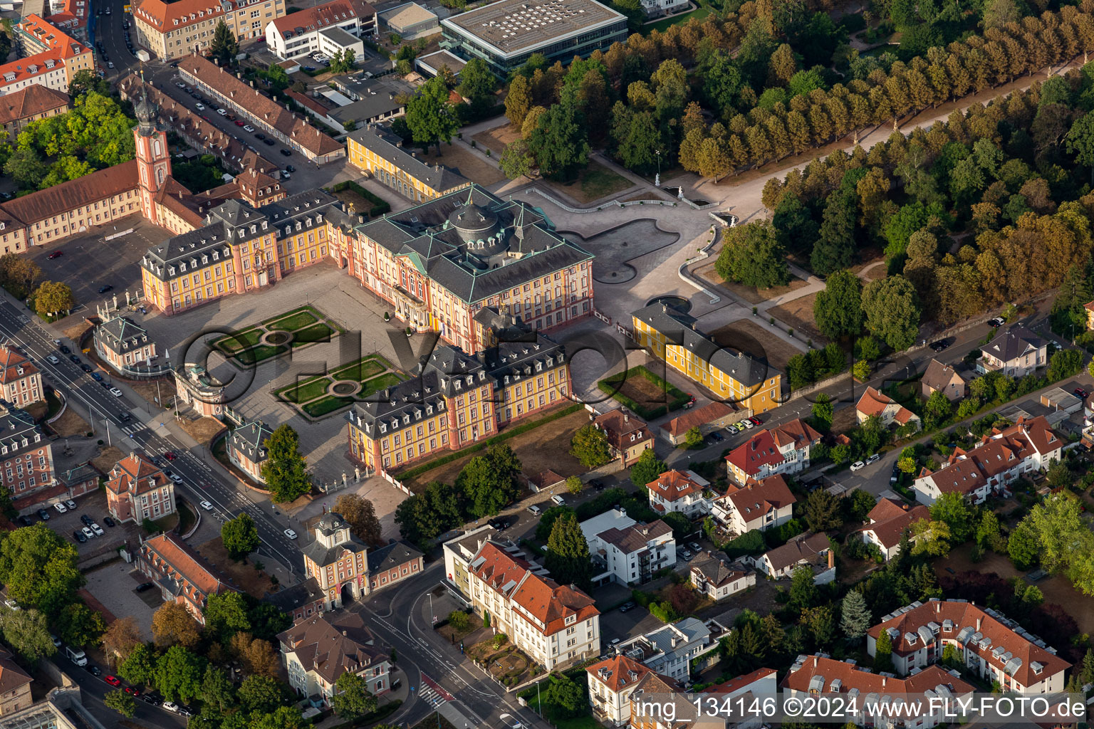 Oblique view of Castle garden and castle Bruchsal in Bruchsal in the state Baden-Wuerttemberg, Germany