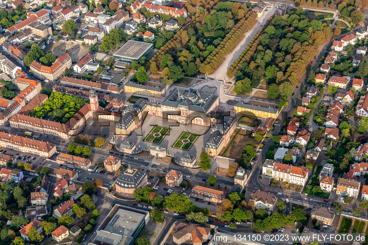 Castle garden and castle Bruchsal in Bruchsal in the state Baden-Wuerttemberg, Germany from above