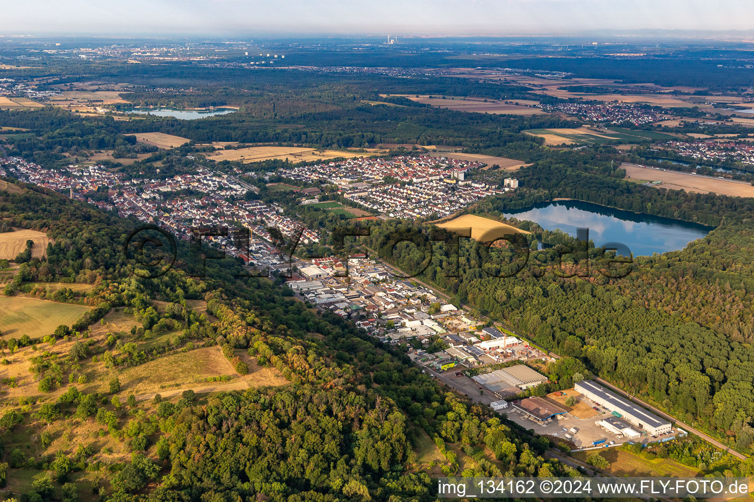 Oblique view of Industrial area in Schollengarten in the district Untergrombach in Bruchsal in the state Baden-Wuerttemberg, Germany