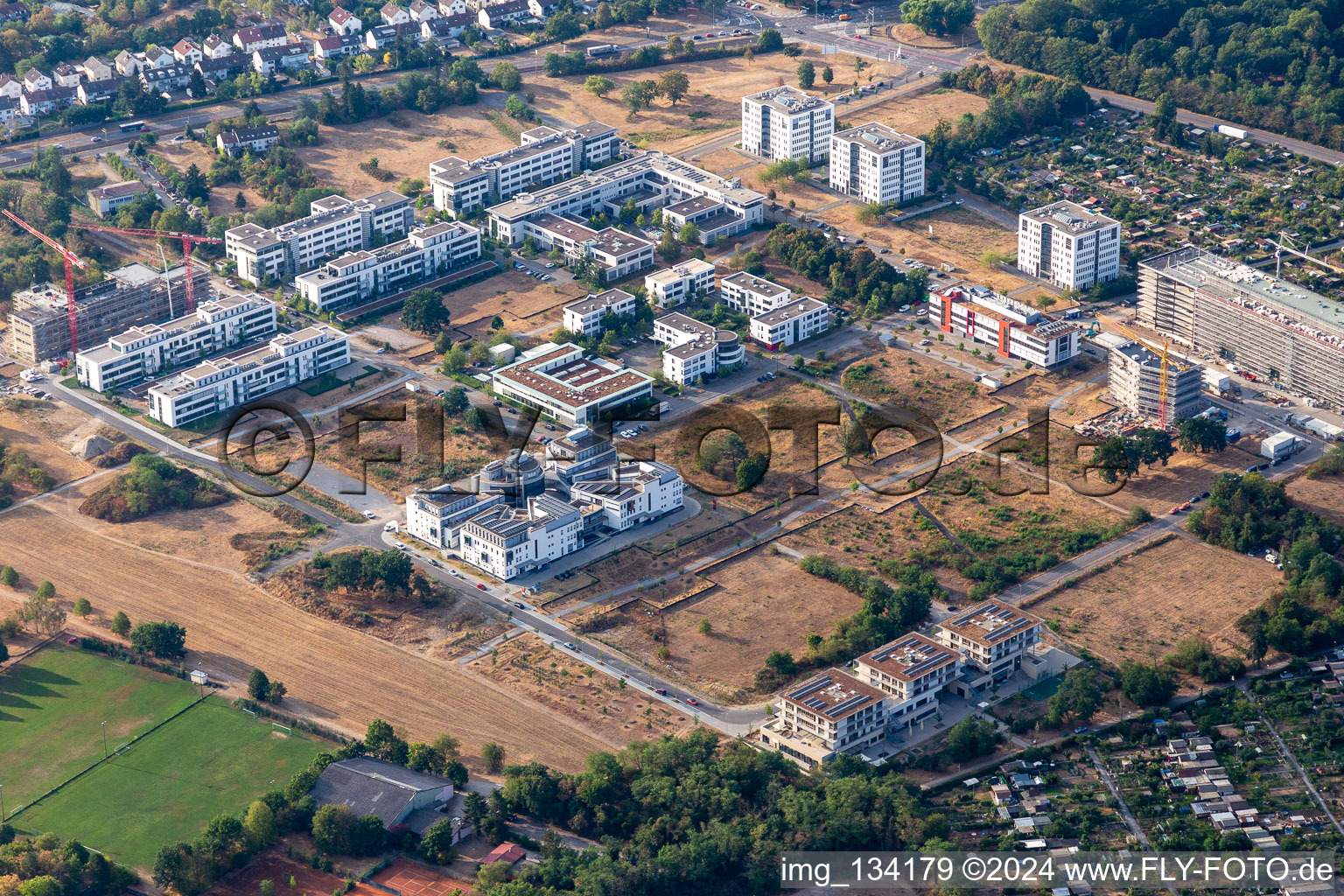 Technology park Karlsruhe in the district Rintheim in Karlsruhe in the state Baden-Wuerttemberg, Germany viewn from the air