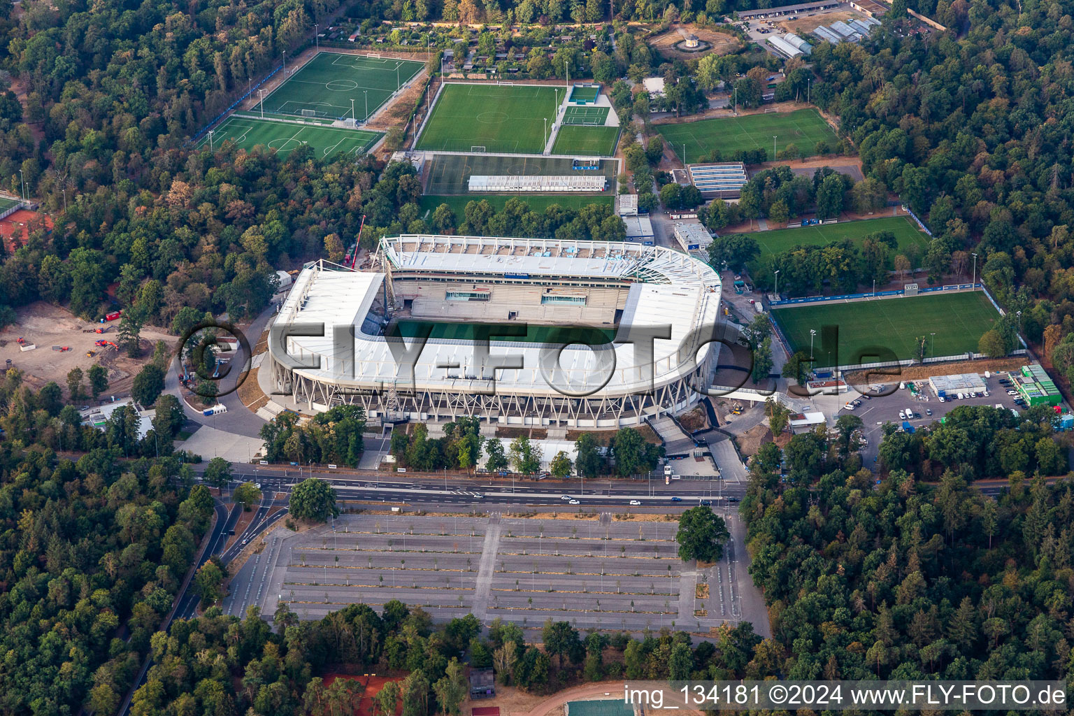 Aerial view of New construction site of the Wildparkstadion of Karlsruher Sport-Club GmbH & Co. KGaA in the district Innenstadt-Ost in Karlsruhe in the state Baden-Wuerttemberg, Germany