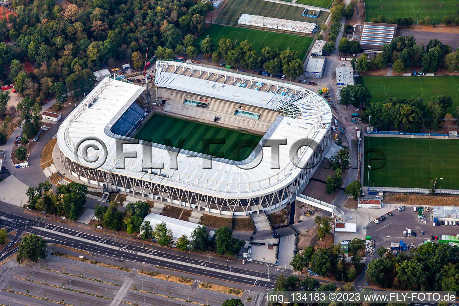 Oblique view of New construction site for the Wildpark Stadium of the Karlsruher Sport-Club GmbH & Co. KGaA in the district Innenstadt-Ost in Karlsruhe in the state Baden-Wuerttemberg, Germany