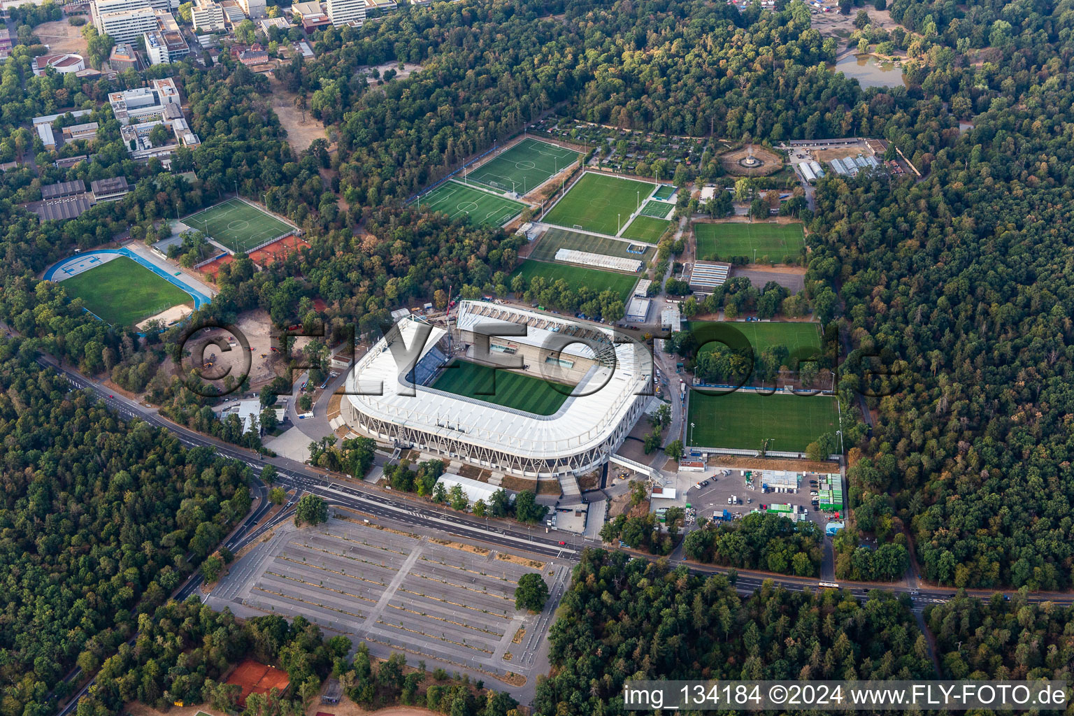 New construction site of the Wildparkstadion of Karlsruher Sport-Club GmbH & Co. KGaA in the district Innenstadt-Ost in Karlsruhe in the state Baden-Wuerttemberg, Germany from above