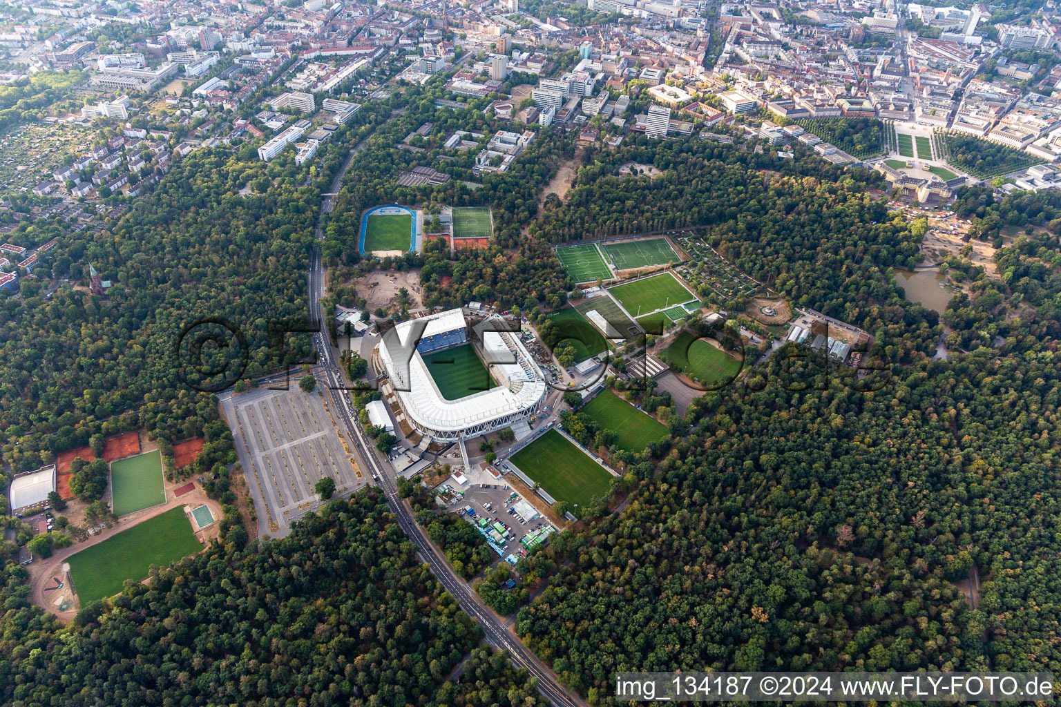 New construction site of the Wildparkstadion of Karlsruher Sport-Club GmbH & Co. KGaA in the district Innenstadt-Ost in Karlsruhe in the state Baden-Wuerttemberg, Germany seen from above