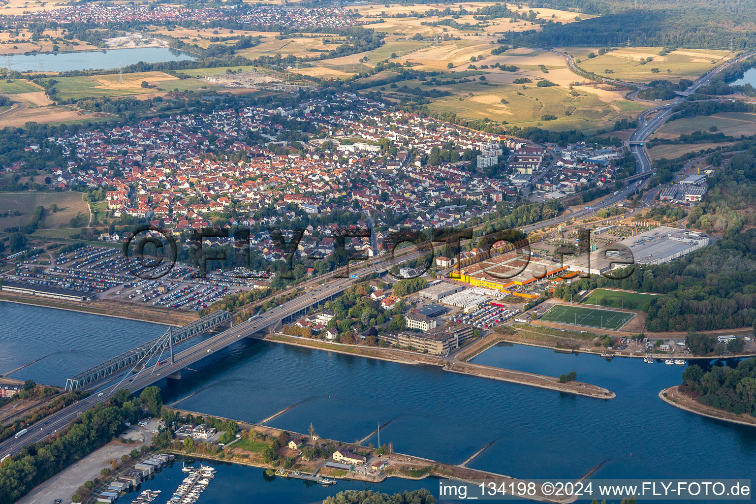 Rhine bridges and Maximilian Center Maximiliansau in the district Maximiliansau in Wörth am Rhein in the state Rhineland-Palatinate, Germany