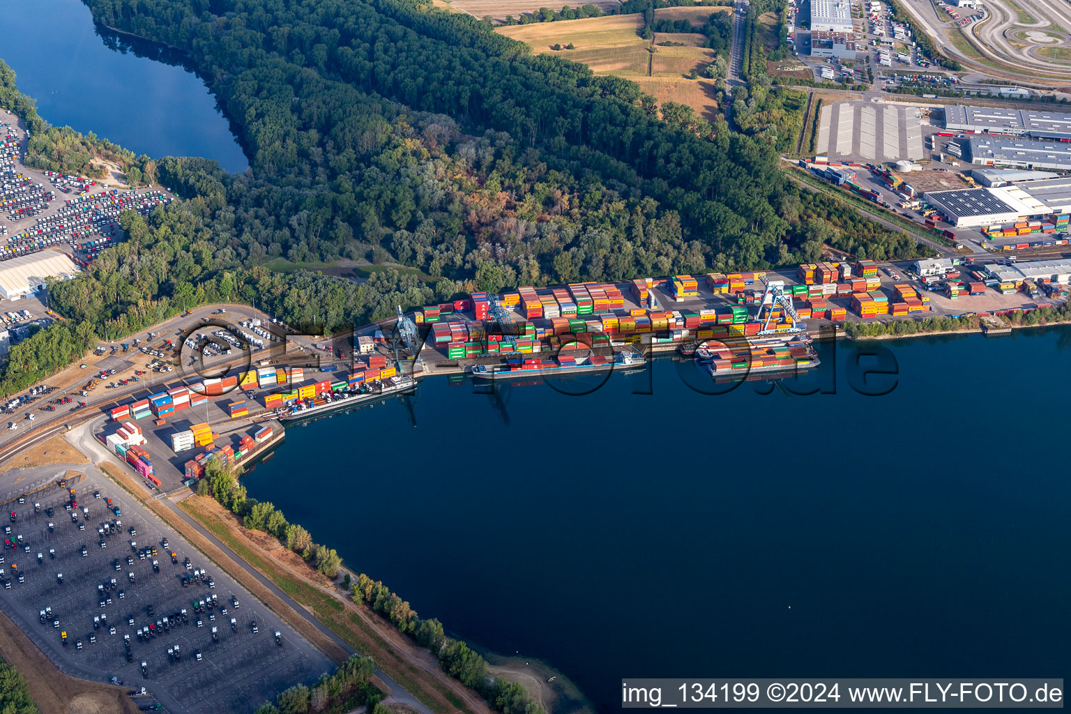 Aerial view of Contargo Wörth-Karlsruhe GmbH in the container port in the district Maximiliansau in Wörth am Rhein in the state Rhineland-Palatinate, Germany