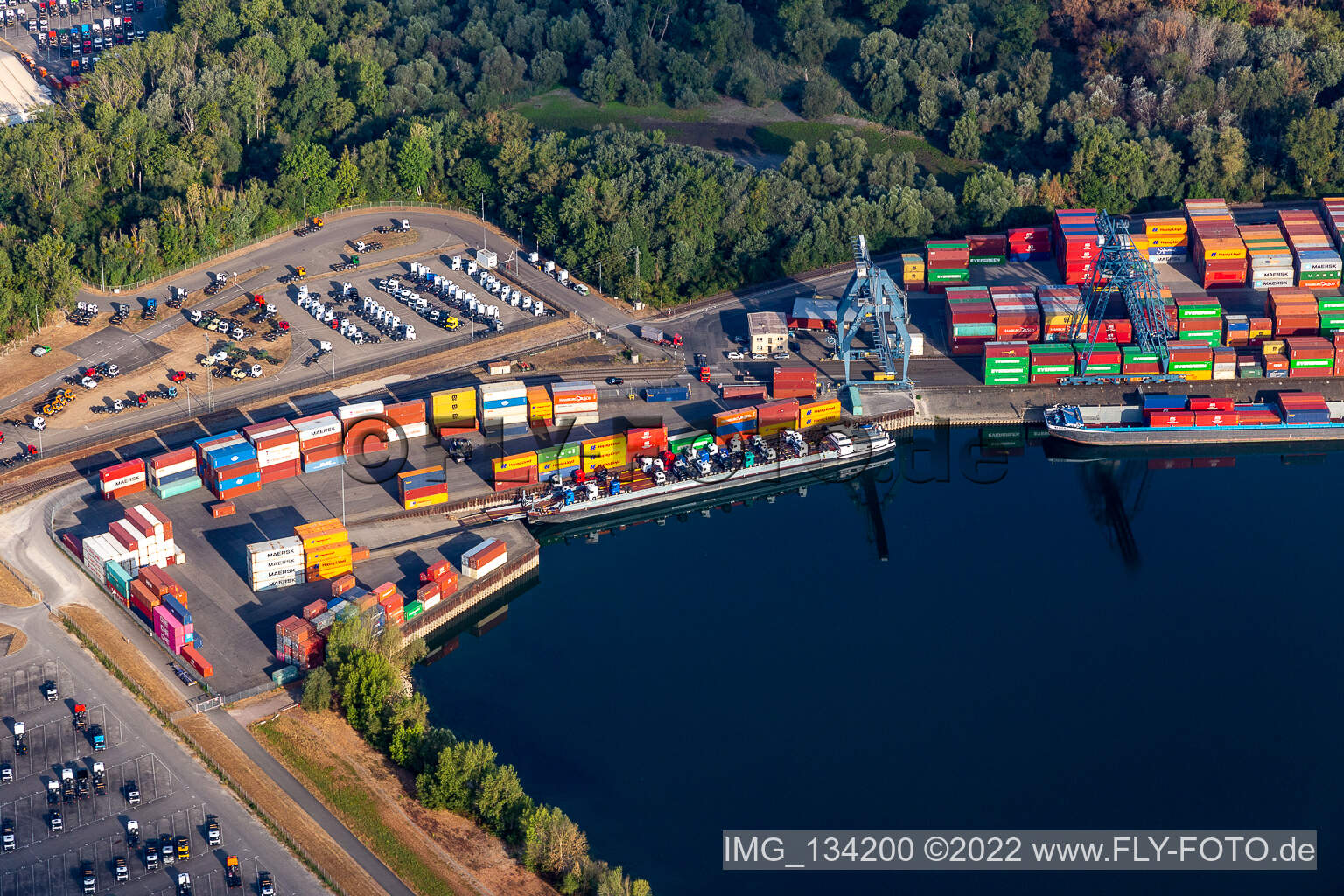 Aerial photograpy of Contargo Wörth-Karlsruhe GmbH in the container port in the district Maximiliansau in Wörth am Rhein in the state Rhineland-Palatinate, Germany