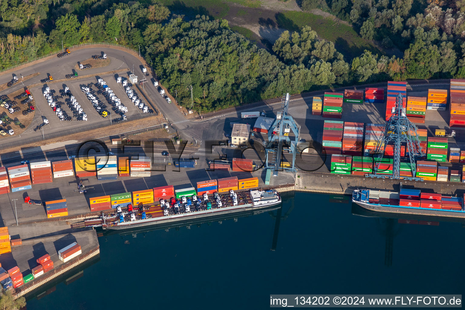 Oblique view of Contargo Wörth-Karlsruhe GmbH in the container port in the district Maximiliansau in Wörth am Rhein in the state Rhineland-Palatinate, Germany