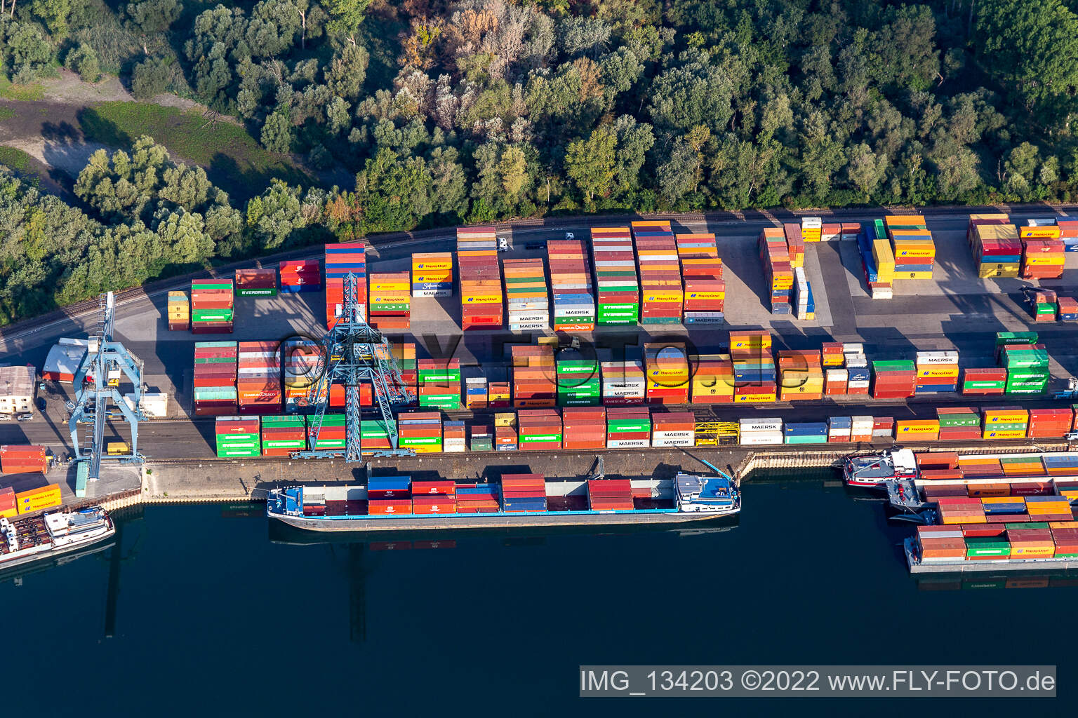 Contargo Wörth-Karlsruhe GmbH in the container port in the district Maximiliansau in Wörth am Rhein in the state Rhineland-Palatinate, Germany from above