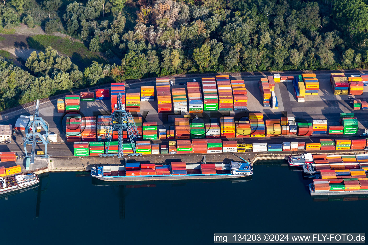 Contargo Wörth-Karlsruhe GmbH in the container port in the district Maximiliansau in Wörth am Rhein in the state Rhineland-Palatinate, Germany from above