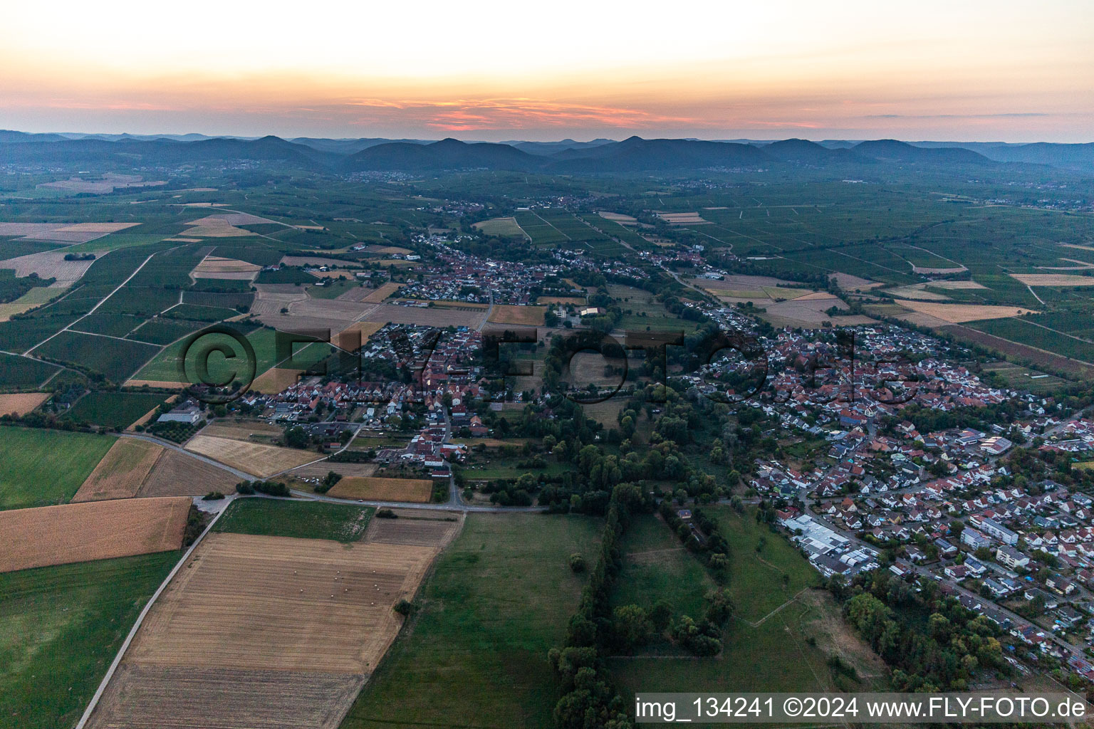 And Billigheim-Ingenheim in the sunset in the district Mühlhofen in Billigheim-Ingenheim in the state Rhineland-Palatinate, Germany