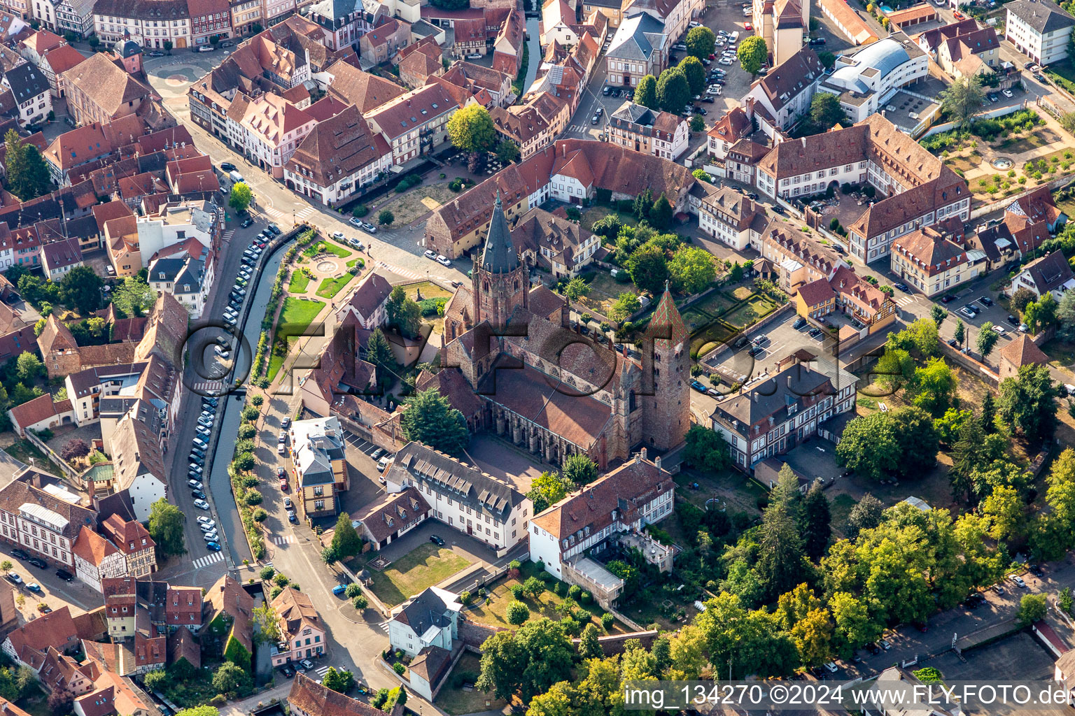 Aerial view of St. Peter and Paul Abbatiale Saint-Pierre-et-Saint-Paul in Wissembourg in the state Bas-Rhin, France