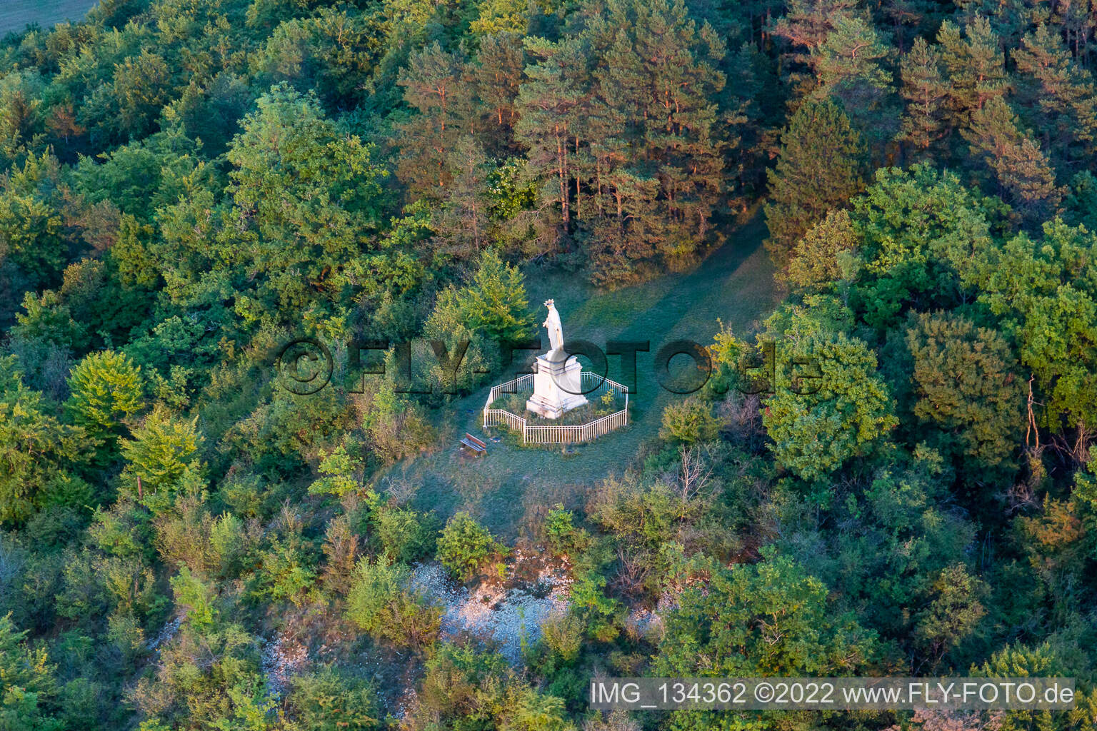 Mary statue in Poissons in the state Haute Marne, France from above