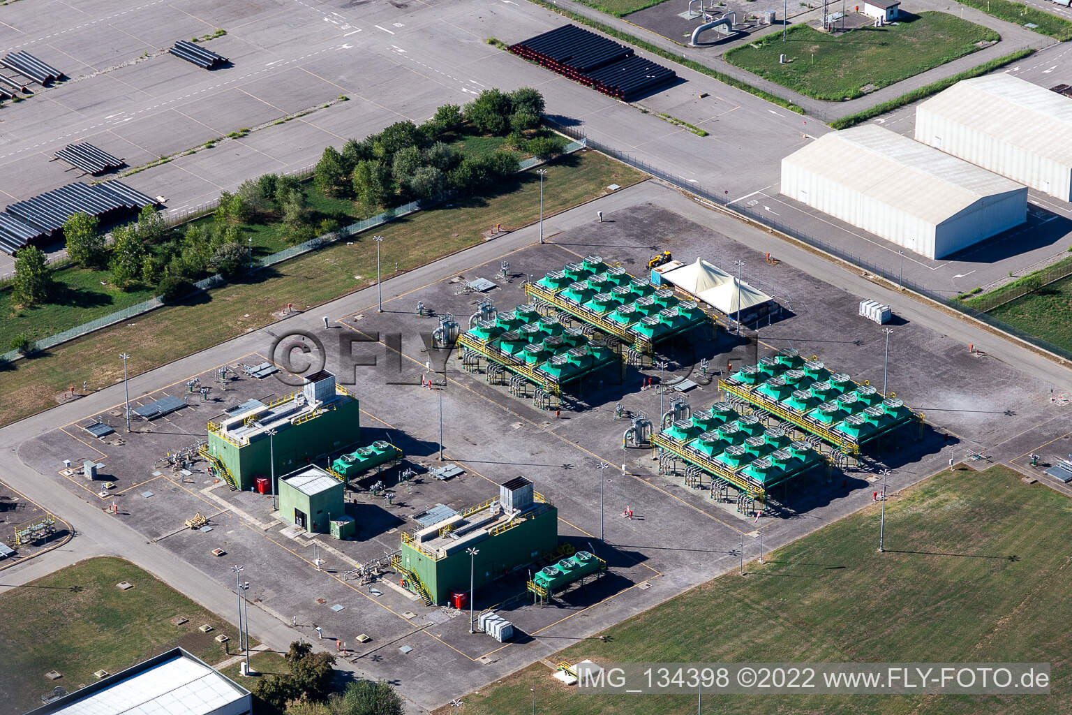 Aerial view of Stogit Di Ripalta (Compressione) in the district Snam in Ripalta Cremasca in the state Cremona, Italy