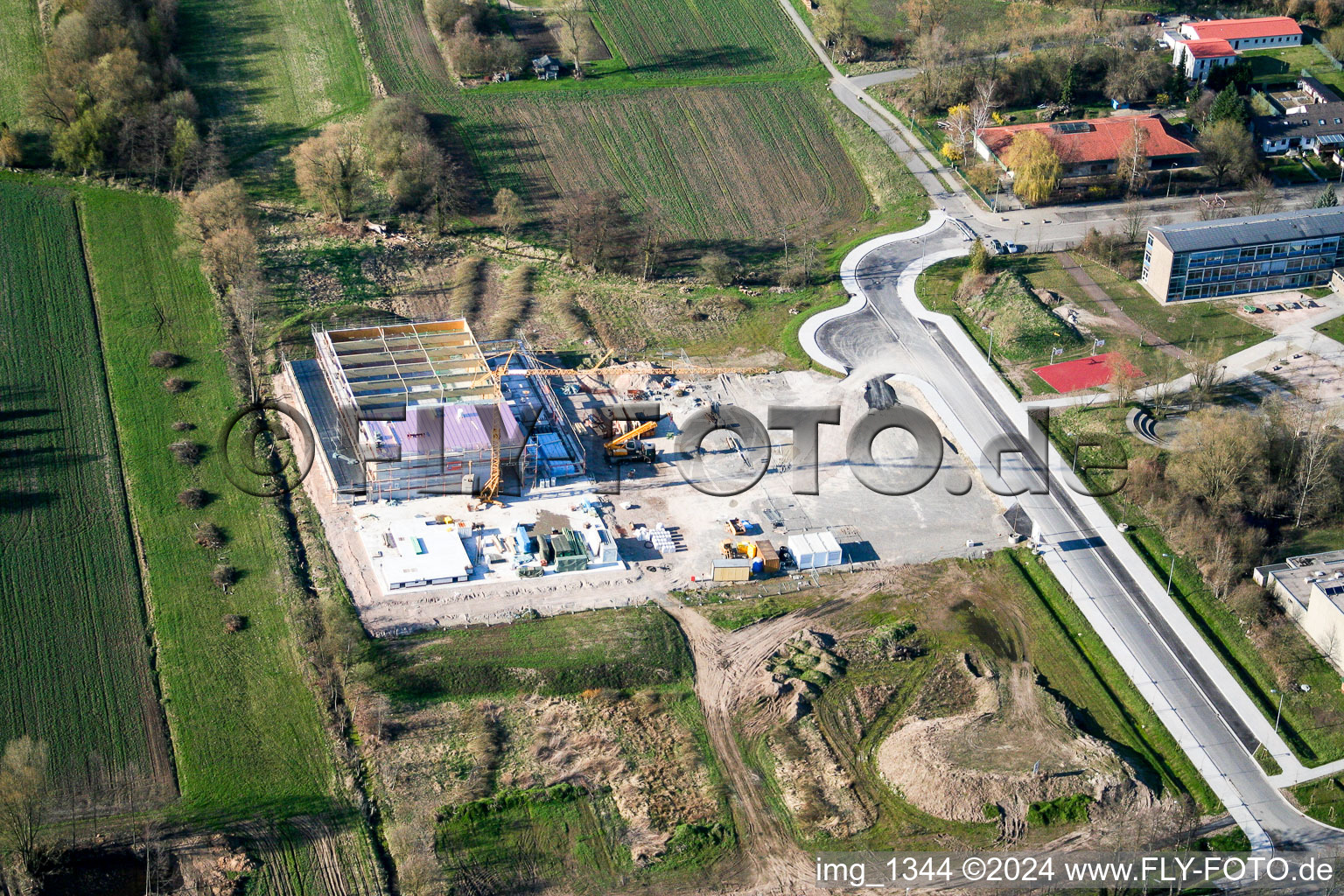 Aerial view of Construction site multi-purpose hall in Kandel in the state Rhineland-Palatinate, Germany