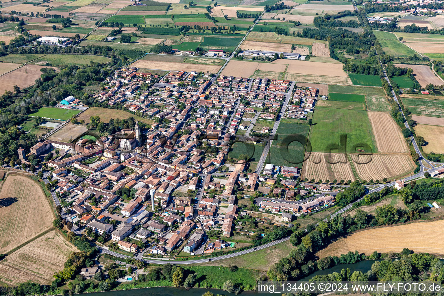 Aerial view of Montodine in the state Cremona, Italy