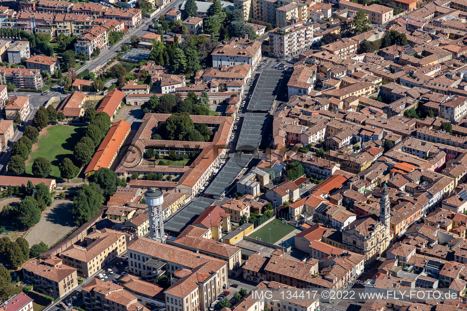 Aerial view of Mercato Coperto, Via Giuseppe Verdi in Crema in the state Cremona, Italy