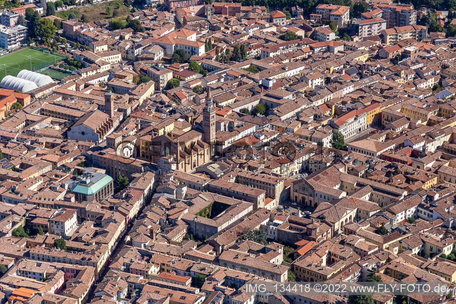 Aerial view of Cathedral of Santa Maria Assunta in Crema in the state Cremona, Italy